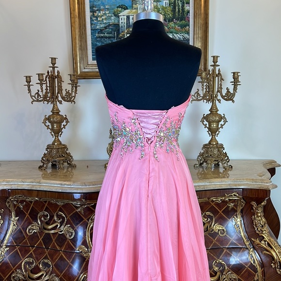 Women’s formal rhinestone pleated bodice high low skirt prom dress - Picture 4 of 4